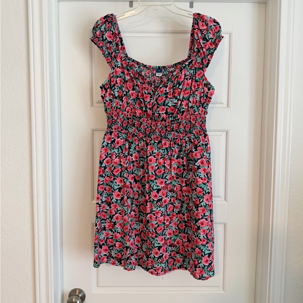 Old Navy Pink Floral Smocked Sundress with Green Leaves